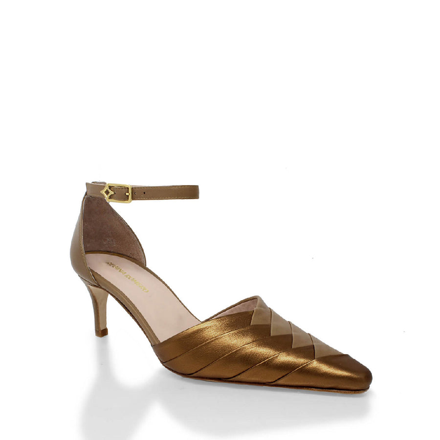 Zapatillas Grace 60 Regina Romero en piel color capuccino y bronce, tacon medio