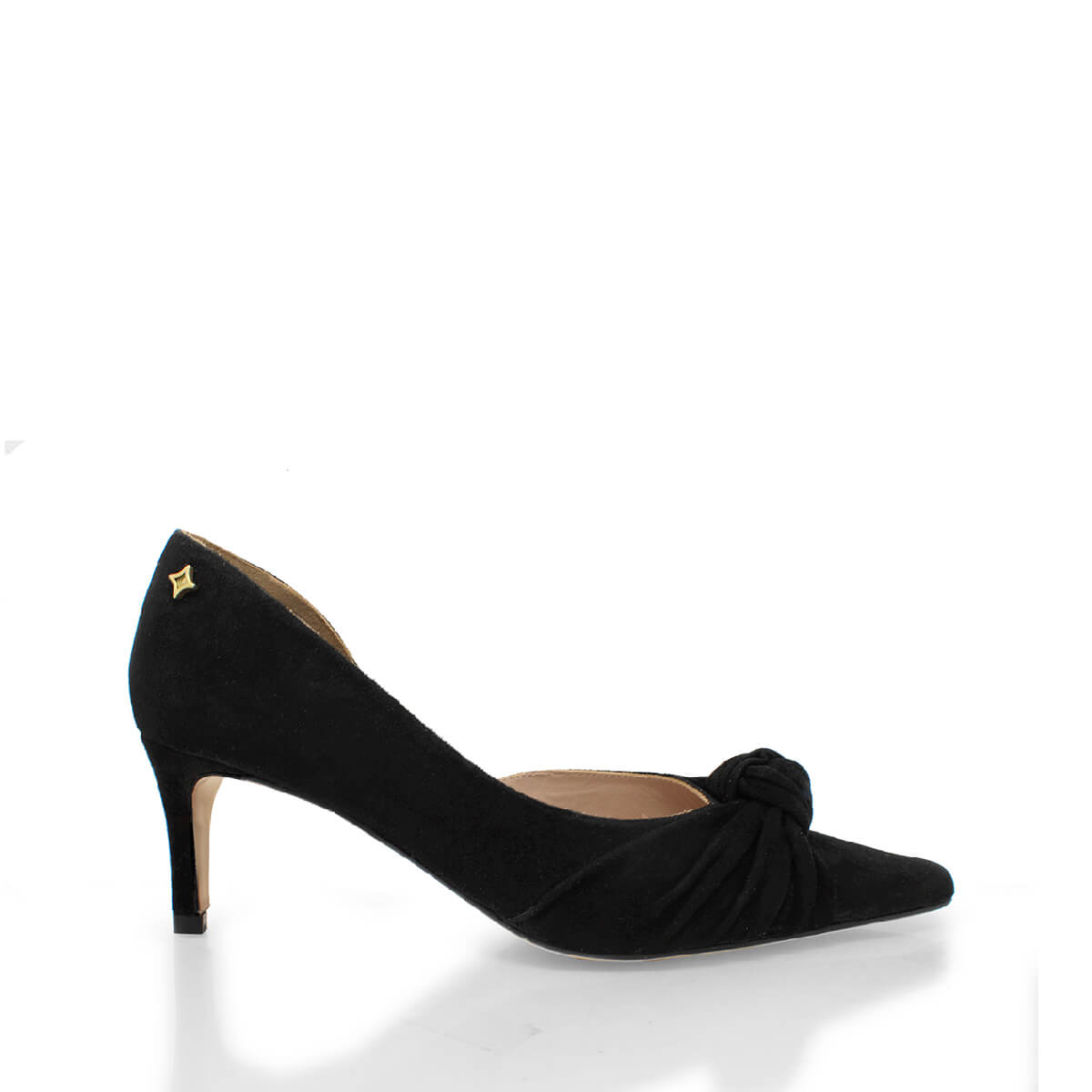 Zapatillas de gamuza color negro con nudo frontal y punta fina, modelo Lyon de Regina Romero