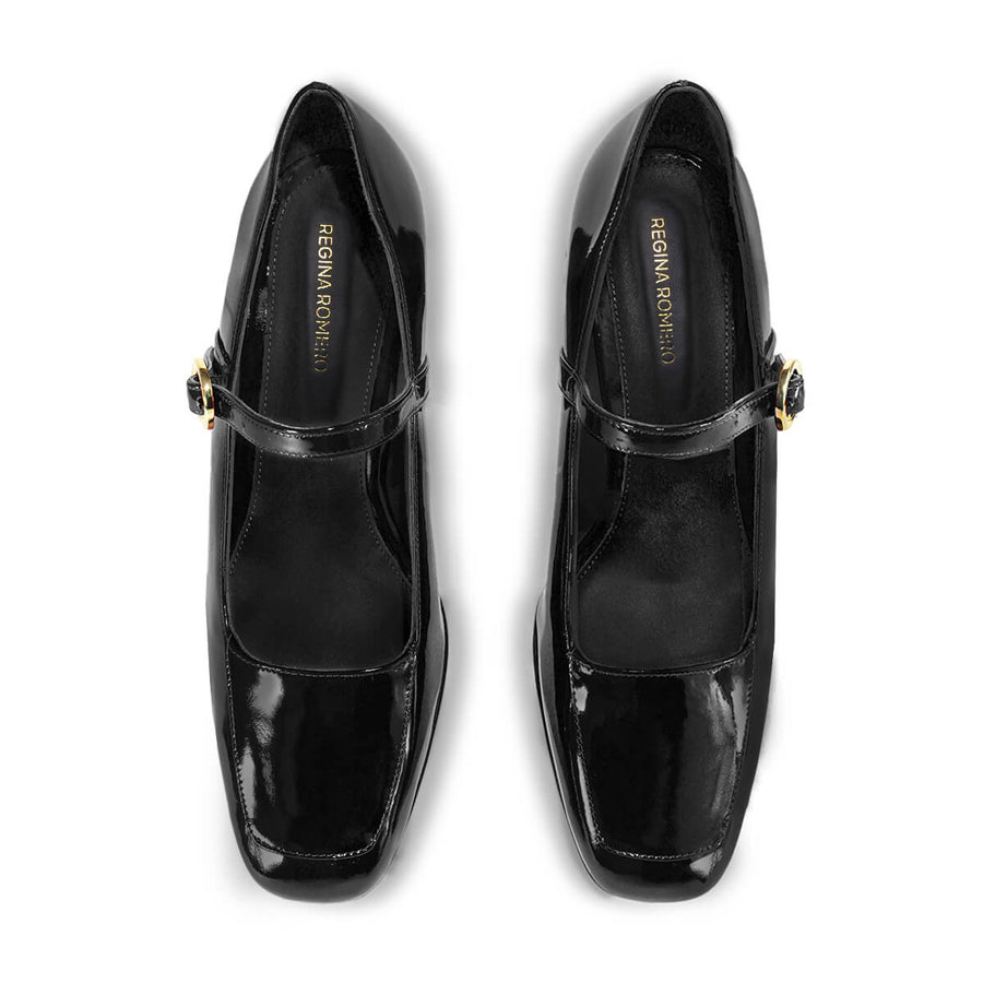 MATI 50 - Charol Negro Regina Romero Zapato Zapatilla Tacon Bajo Para Dama en Piel
