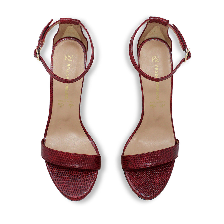 Sandalias Claudine 85 Regina Romero en piel color lizard rojo, tacon alto