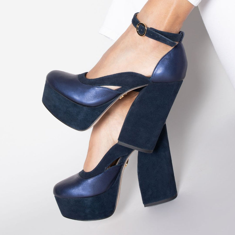 DESIRE 135 - Navy Regina Romero High Heel Platform Shoe for Women in Leather