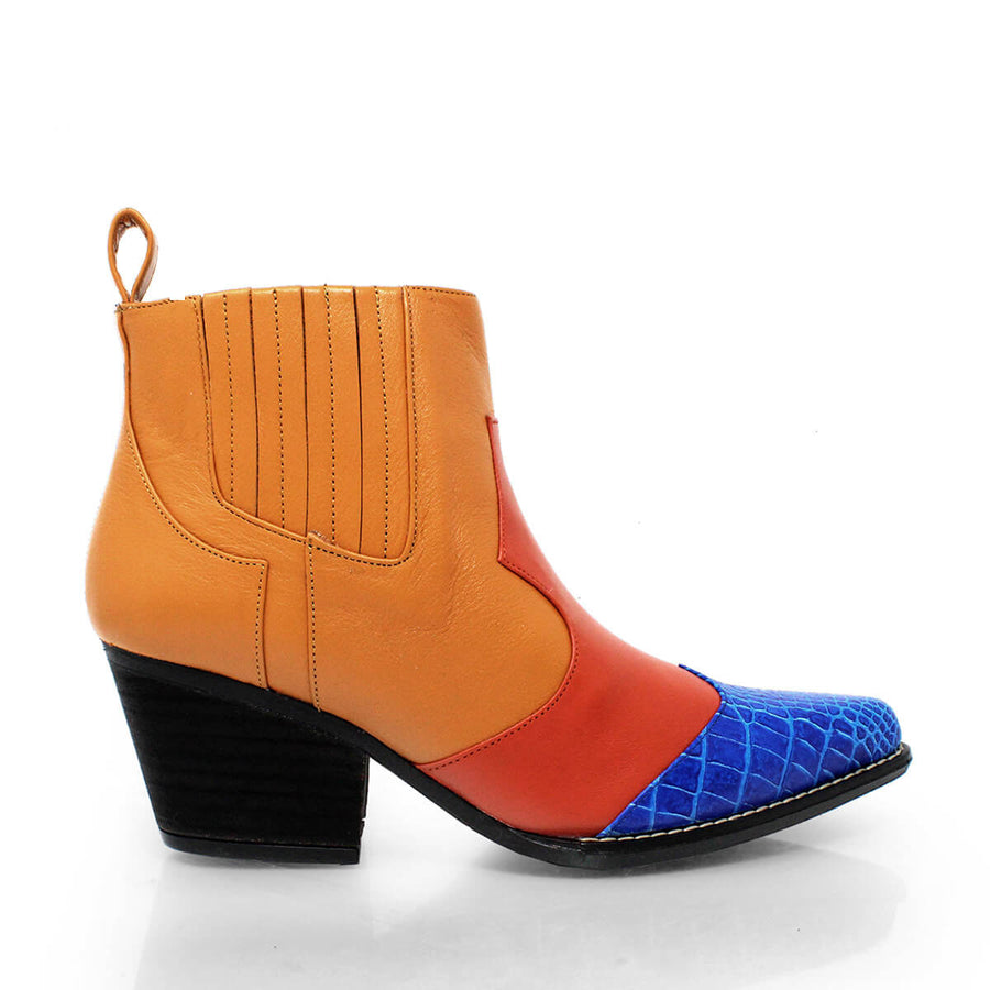 MADDIE 60 Edicion Limitada - Naranja y Azul Romero Zapato Bota Botin Tacon Bajo para Dama en Piel