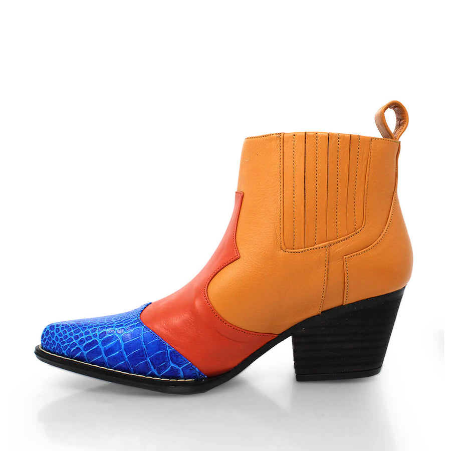 MADDIE 60 Edicion Limitada - Naranja y Azul Romero Zapato Bota Botin Tacon Bajo para Dama en Piel