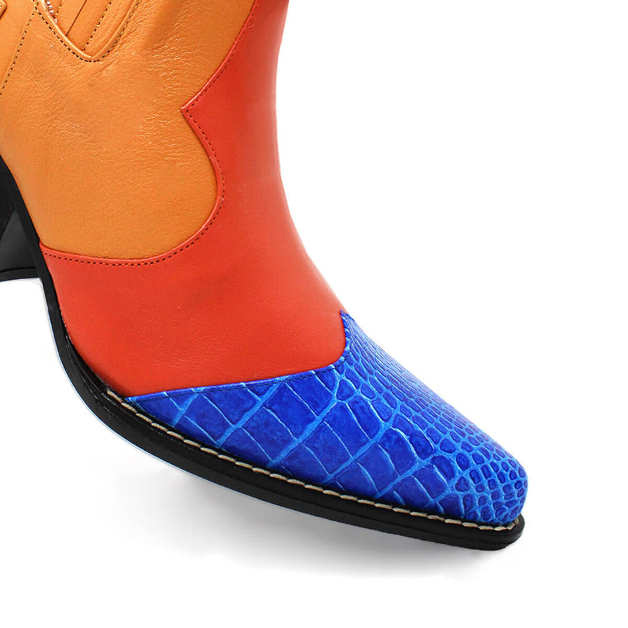 MADDIE 60 Edicion Limitada - Naranja y Azul Romero Zapato Bota Botin Tacon Bajo para Dama en Piel