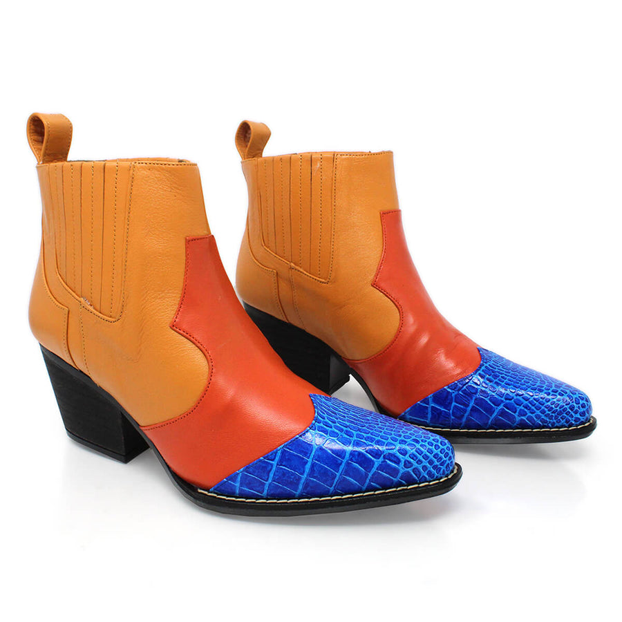 MADDIE 60 Edicion Limitada - Naranja y Azul Romero Zapato Bota Botin Tacon Bajo para Dama en Piel
