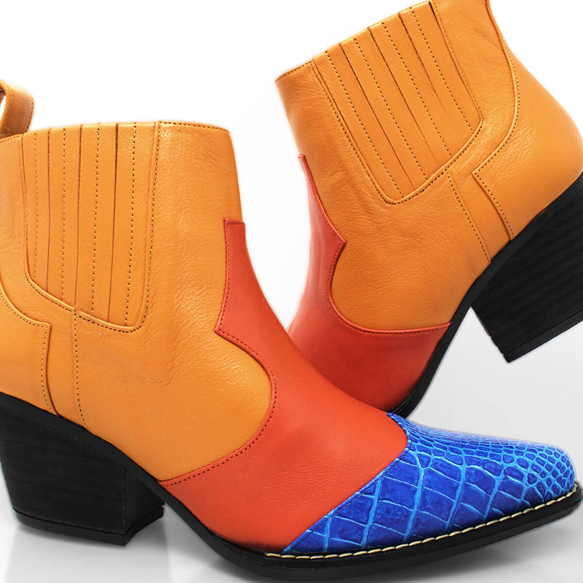 MADDIE 60 Edicion Limitada - Naranja y Azul Romero Zapato Bota Botin Tacon Bajo para Dama en Piel
