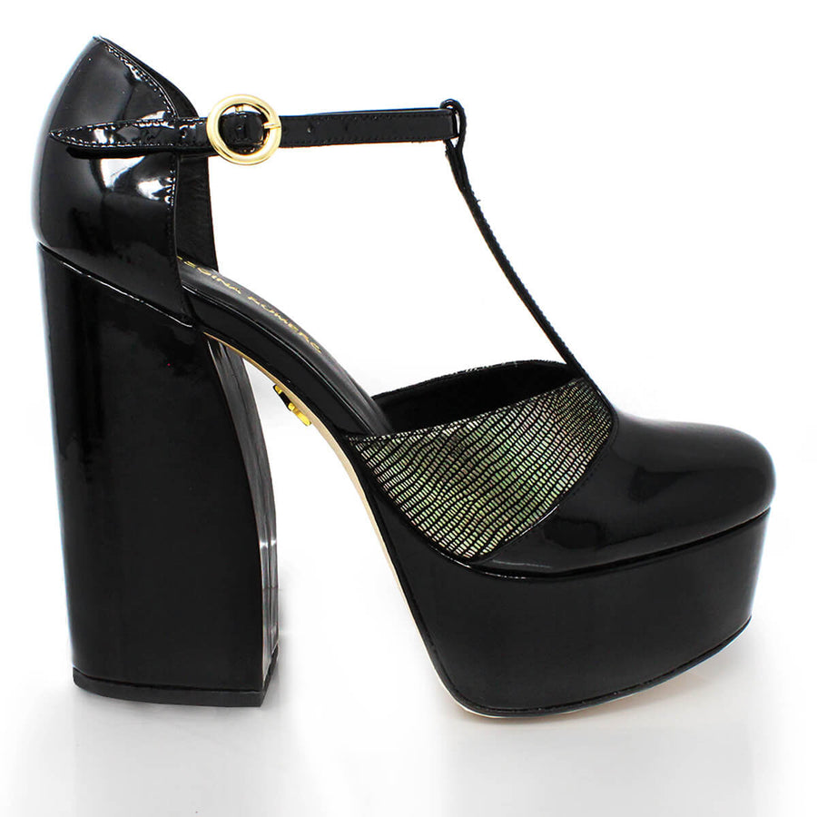 PATRICIA 135 - Black Patent Leather and Stainless Steel Regina Romero High Heel Platform Shoe for Women in Leather