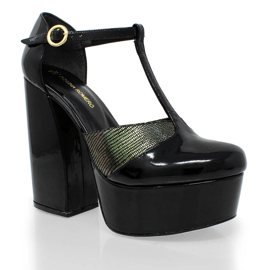 PATRICIA 135 - Black Patent Leather and Stainless Steel Regina Romero High Heel Platform Shoe for Women in Leather