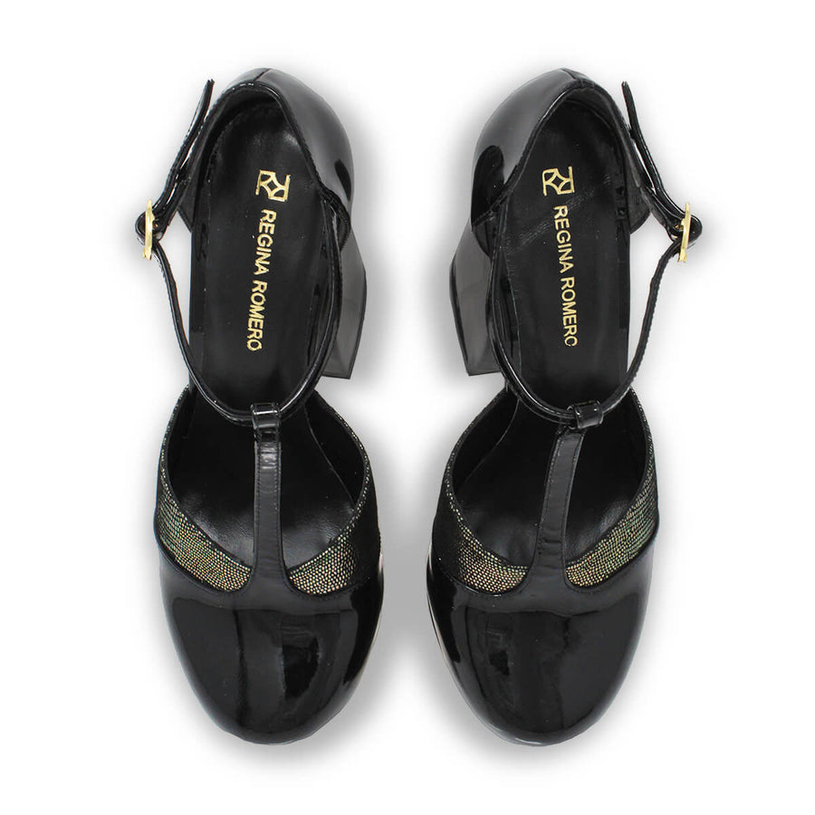 PATRICIA 135 - Black Patent Leather and Stainless Steel Regina Romero High Heel Platform Shoe for Women in Leather