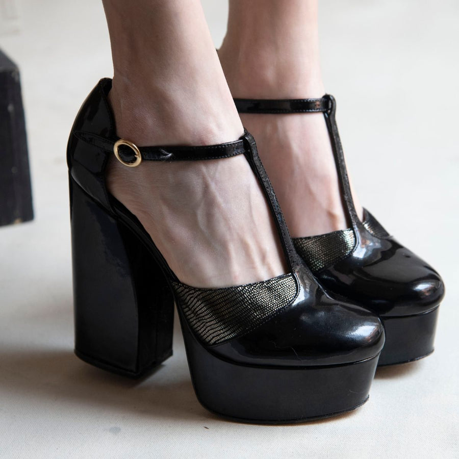 PATRICIA 135 - Black Patent Leather and Stainless Steel Regina Romero High Heel Platform Shoe for Women in Leather