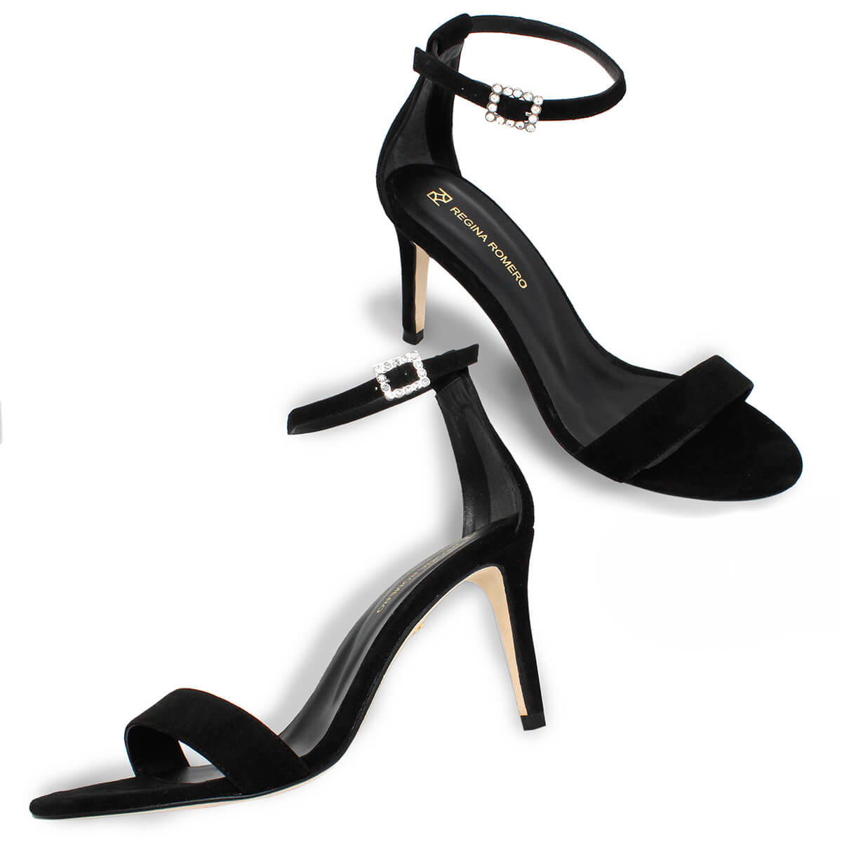 CLAUDINE 85 GLAM - Black Suede Regina Romero High Heel Sandal Slipper Shoe for Women in Leather