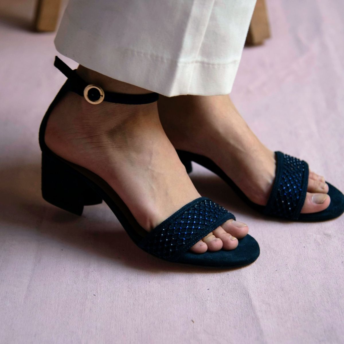 CARMEN 55 GLAM - Navy Regina Romero Low Heel Sandal Slipper Shoe for Women in Leather