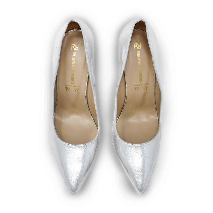 REGINA PUMP 105 - Plata Regina Romero Zapato Zapatilla Tacon Alto Para Dama en Piel